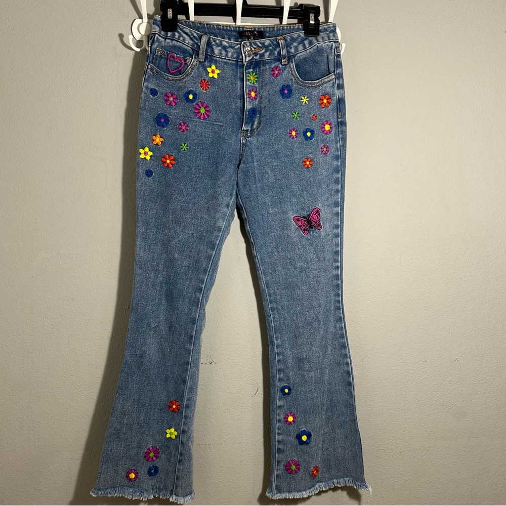 dELiA*s Blue Flare Jeans with Floral motives.Juniors/petite Women size S. Y2K.